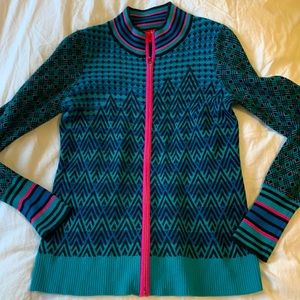 NWOT Krimson and Klover merino wool sweater. Turquoise and pink mountain motif.